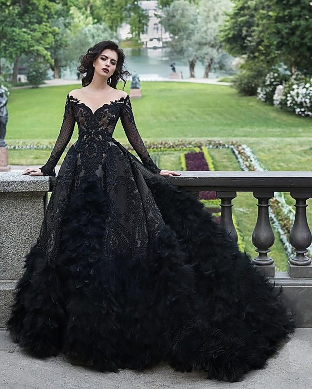 knee length dresses for ladies Gothic Black Lace Wedding Dresses Long Sleeves – Lisposa main image 0