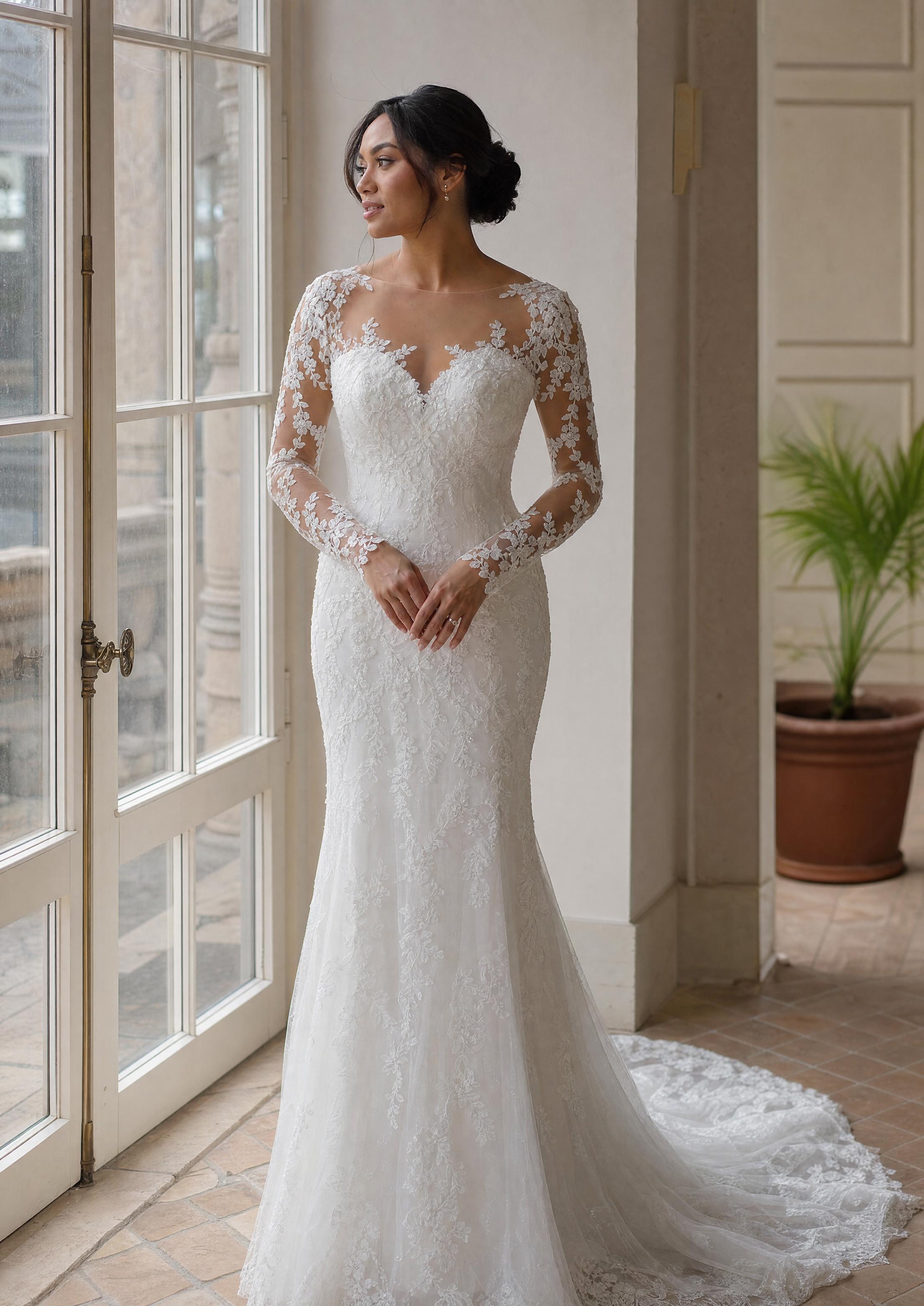 long billow sleeve wedding dress Long sleeve wedding dress with open back - Liliana - M / US8 / EU38 / UK12 / (Bust 36, Waist 29.5 Inch)