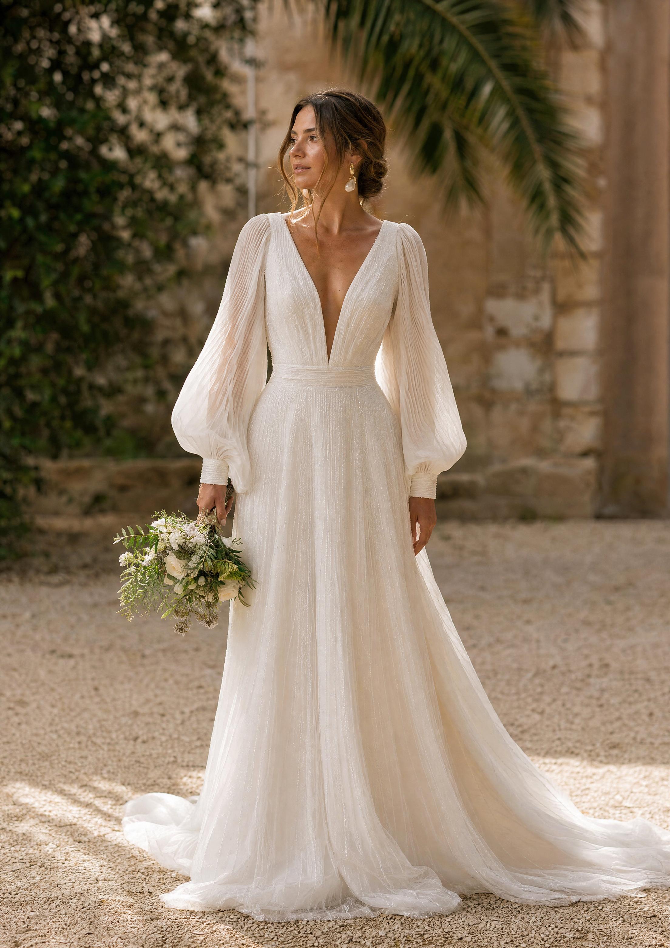 long sleeves wedding dress Sleeve Dresses & Sleeve Styles: A Bridal Guide minimalist simple long sleeve wedding dresses Neutral Champagne Bridesmaid Dresses womens vacation wear touch polyester with a Color:Print 8