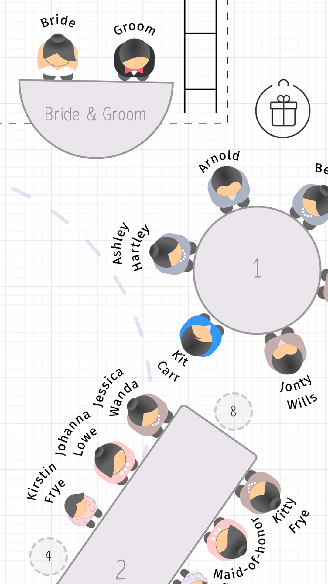 Tabella dei posti a sedere per il ricevimento di nozze